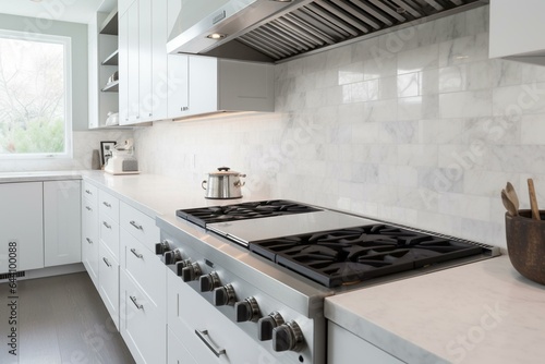Modern kitchen with white granite countertop, gas stove, and white tile backsplash. Generative AI