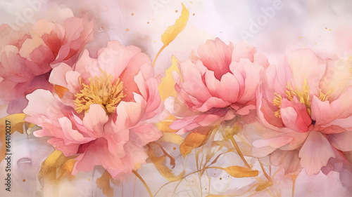 Watercolor pink gold flower abstract mural, peonies, tulips, rose, large delicate voluminous flowers, background, wallpaper, generative AI