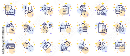 Outline set of Phone pay, Meeting and Vip shopping line icons for web app. Include Bid offer, Deflation, Clipboard pictogram icons. Shopping bags, Accepted payment, Debit card signs. Vector