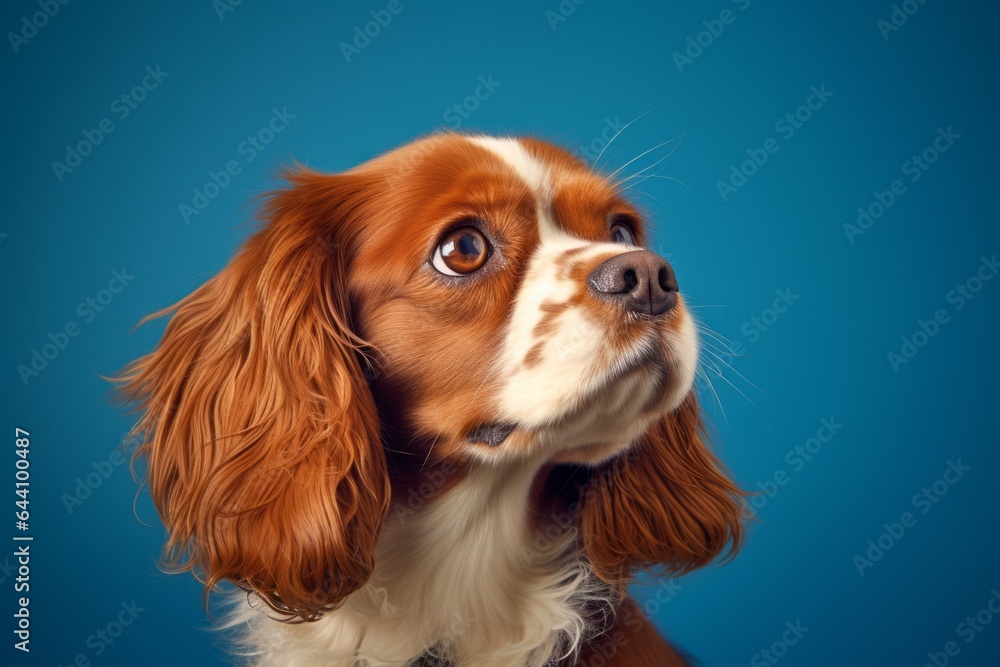 Naklejka premium Photography in the style of pensive portraiture of a happy cavalier king charles spaniel dog wearing a cashmere sweater against a sapphire blue background. With generative AI technology