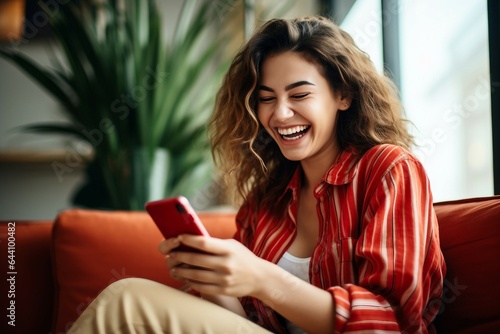 a woman laughing while holding a phone