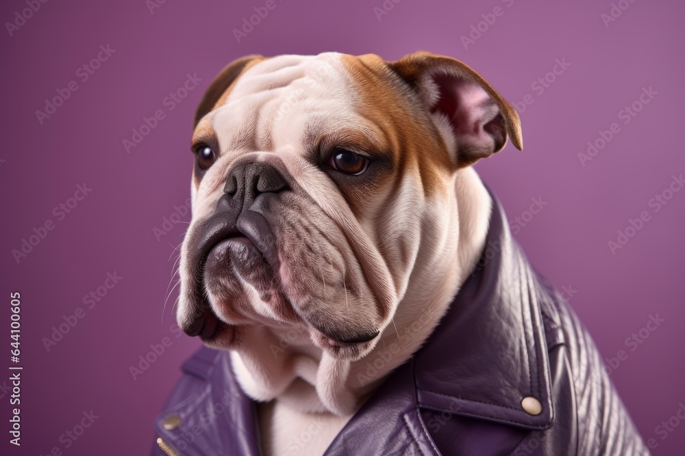 Medium shot portrait photography of a cute bulldog wearing a leather jacket against a lilac purple background. With generative AI technology Medium shot portrait photography of a cute bulldog wearing a leather jacket against a lilac purple background. With generative AI technology