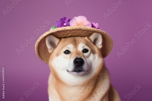 Lifestyle portrait photography of a cute akita wearing a sombrero against a lilac purple background. With generative AI technology