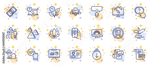 Outline set of Payment card, Bureaucracy and Leaves line icons for web app. Include New house, Lotus, Question button pictogram icons. Presentation, Bitcoin, Teamwork signs. Lgbt. Vector