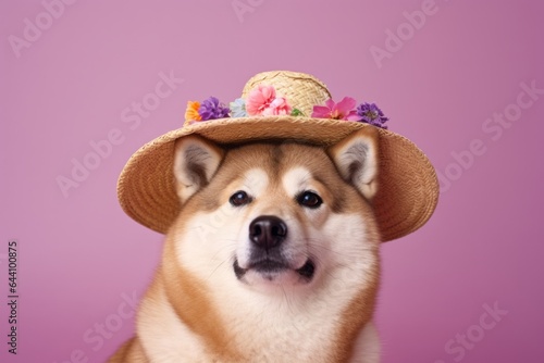 Lifestyle portrait photography of a cute akita wearing a sombrero against a lilac purple background. With generative AI technology © Markus Schröder
