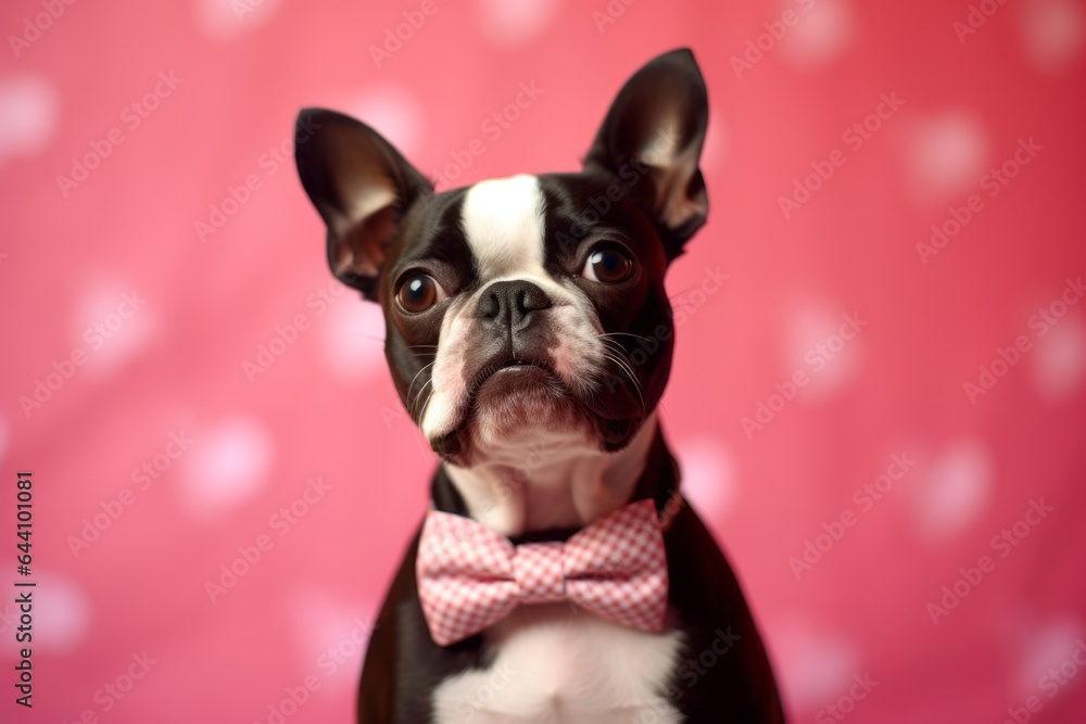 Close-up portrait photography of a cute boston terrier wearing a cute bow tie against a coral pink background. With generative AI technology