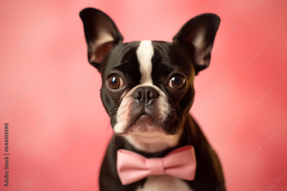 Close-up portrait photography of a cute boston terrier wearing a cute bow tie against a coral pink background. With generative AI technology