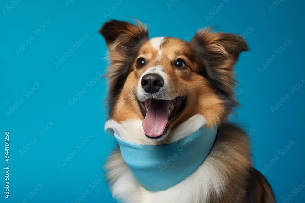 Medium shot portrait photography of a happy shetland sheepdog wearing an anxiety wrap against a cerulean blue background. With generative AI technology Medium shot portrait photography of a happy shetland sheepdog wearing an anxiety wrap against a cerulean blue background. With generative AI technology