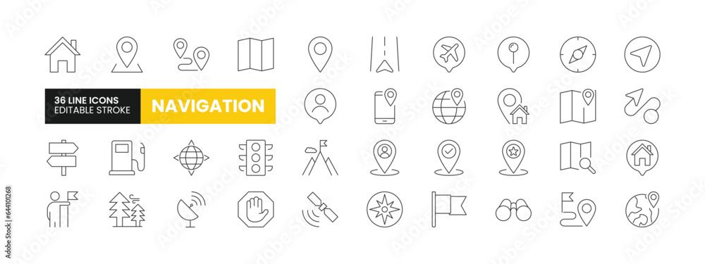Set of 36 Navigation line icons set. Navigation outline icons with editable stroke collection. Includes Navigation, Navigator, GPS, Tracking, and More.