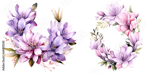 Beautiful wedding wreath with Colchicum flowers watercolor elements set