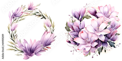 Watercolor Beautiful wedding wreath with Colchicum flowers and an element bundle