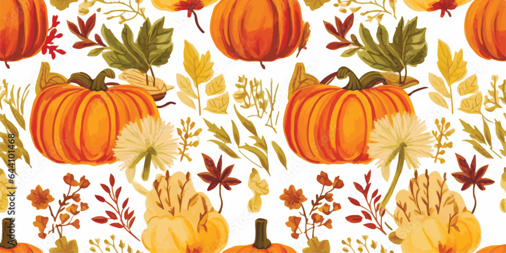 Naklejka premium Autumn decorative seamless pattern with pumpkins and seasonal elements, acorns, plants, leaves