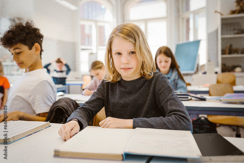 Portrait of schoolboy with blond hair sitting at desk in classroom Portrait of schoolboy with blond hair sitting at desk in classroom