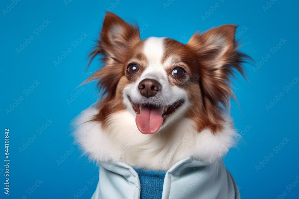 Medium shot portrait photography of a happy papillon dog wearing a therapeutic coat against a cerulean blue background. With generative AI technology