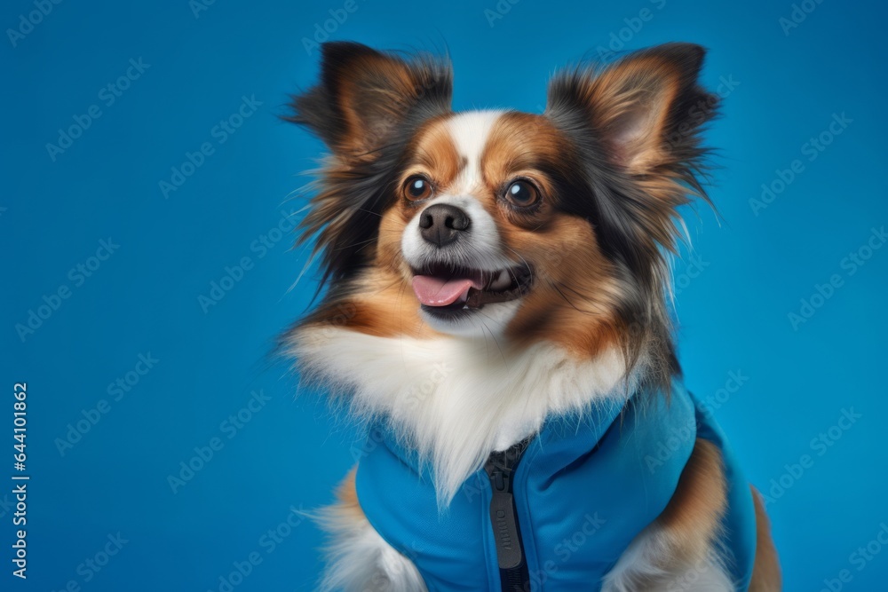 Medium shot portrait photography of a happy papillon dog wearing a therapeutic coat against a cerulean blue background. With generative AI technology