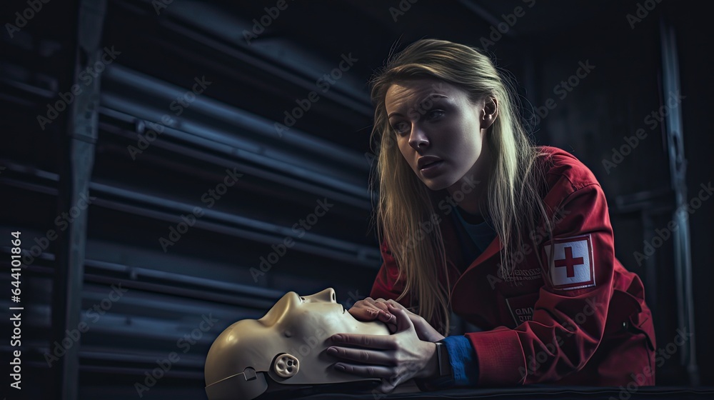 Model performing CPR on a dummy, showcasing emergency life-saving skills