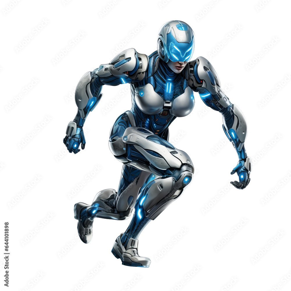 female cyborg blue armour running