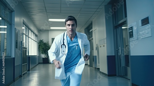 Model doctor rushing through a hospital corridor, highlighting the urgency of the medical field.