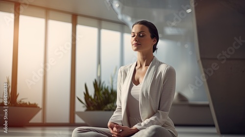 Model in a meditative pose in a serene clinic setting, emphasizing the need for doctors to find peace.