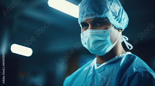 Model in surgical gear in an operating room  highlighting precision and skill.