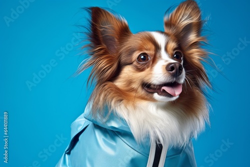 Medium shot portrait photography of a happy papillon dog wearing a therapeutic coat against a cerulean blue background. With generative AI technology photo