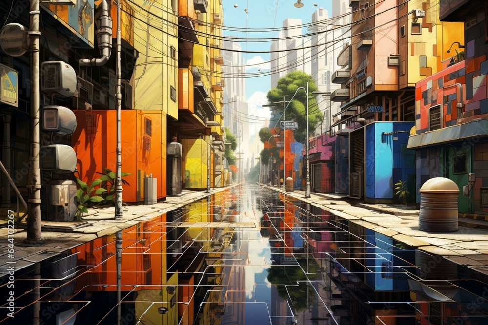 Artistic depiction of a cityscape with a pavement. Generative AI