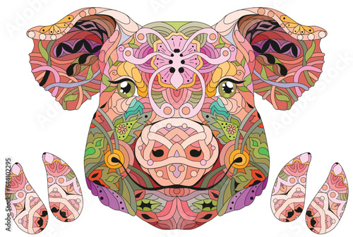 Zentangle pig head with hooves. Hand drawn decorative vector illustration