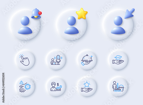 Wash hand, Cleaning and Food delivery line icons. Placeholder with 3d cursor, bell, star. Pack of Podcast, Leaf, Cursor icon. Business growth, Loyalty program pictogram. For web app, printing. Vector