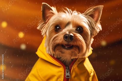 Close-up portrait photography of a smiling yorkshire terrier wearing a raincoat against a gold background. With generative AI technology