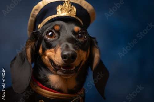 Close-up portrait photography of a smiling dachshund wearing a sailor suit against a gold background. With generative AI technology © Markus Schröder