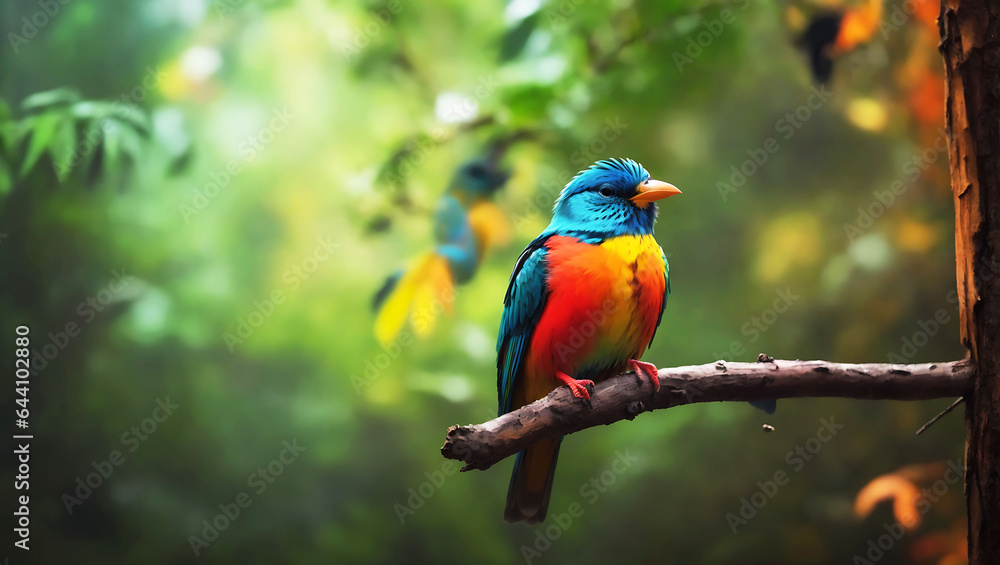 Bright exotic bird in a tropical garden, sunlight. AI generated