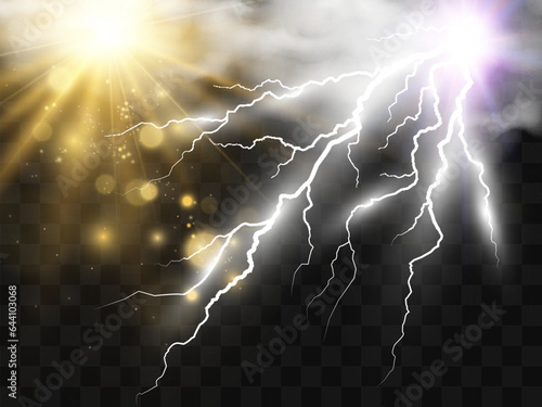 Climate vector drawing of the sun and lightning shining through the clouds.	

