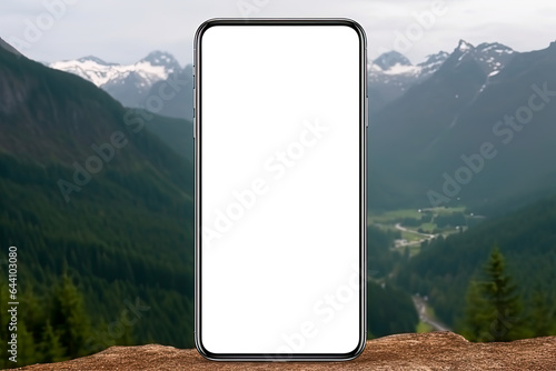 Smartphone in the wilderness or mountains. Concept of hiking, wanderlust, the outdoors and staying connected while camping. Cut out or transparent background.