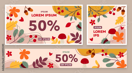 Set of autumn banners with leaves, berries, acorns, chestnuts, branches and flowers. Beautiful autumn advertisement. Autumn banners in vector. 50% discount.