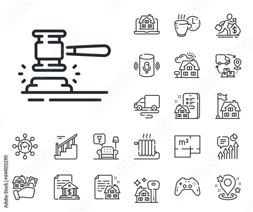 Bid offer sign. Floor plan, stairs and lounge room outline icons. Auction hammer line icon. Lot was sold symbol. Auction hammer line sign. House mortgage, sell building icon. Real estate. Vector