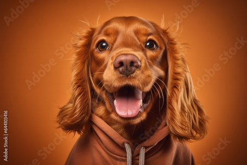 Medium shot portrait photography of a happy cocker spaniel wearing a fluffy hoodie against a copper brown background. With generative AI technology