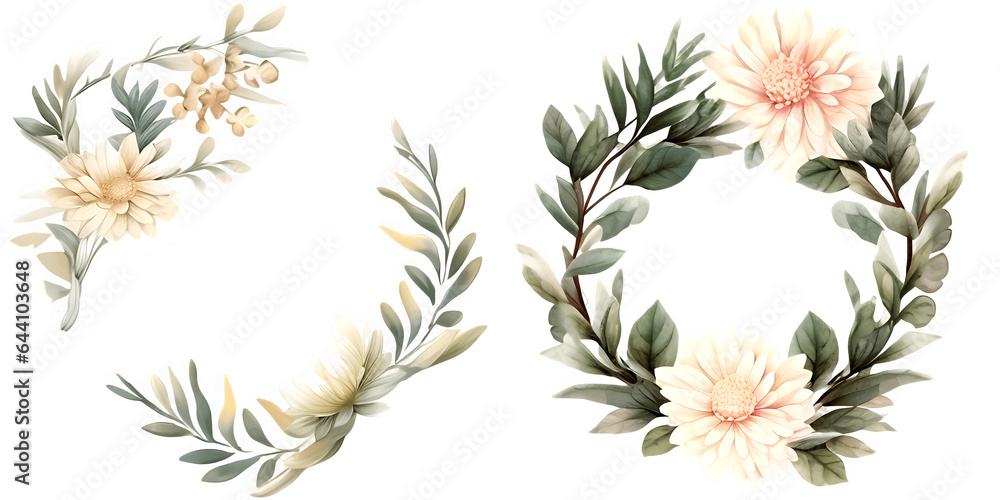 Fototapeta premium Beautiful wedding wreath with Chrysanthemum flowers watercolor elements set