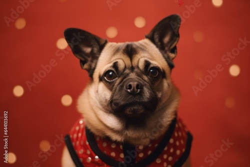 Close-up portrait photography of a cute norwegian elkhound wearing a ladybug costume against a copper brown background. With generative AI technology