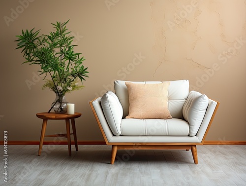 minimal wooden white sofa with beige background © zanderdesk