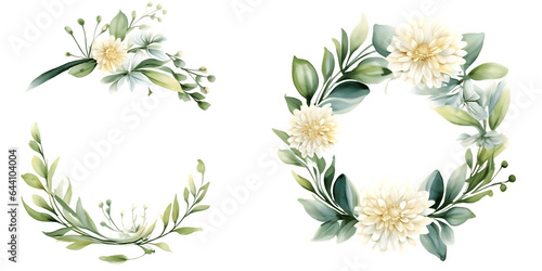 Watercolor Beautiful wedding wreath with Chrysanthemum flowers and an element bundle © Teerawan