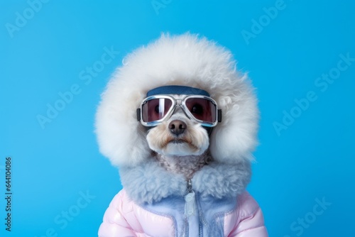 Environmental portrait photography of a funny poodle wearing a ski suit against a periwinkle blue background. With generative AI technology © Markus Schröder