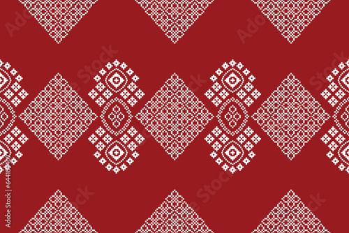 Ethnic geometric fabric pattern Cross Stitch.Ikat embroidery Ethnic oriental Pixel pattern red background. Abstract,vector,illustration. Texture,clothing,frame,decoration,motifs,silk wallpaper.