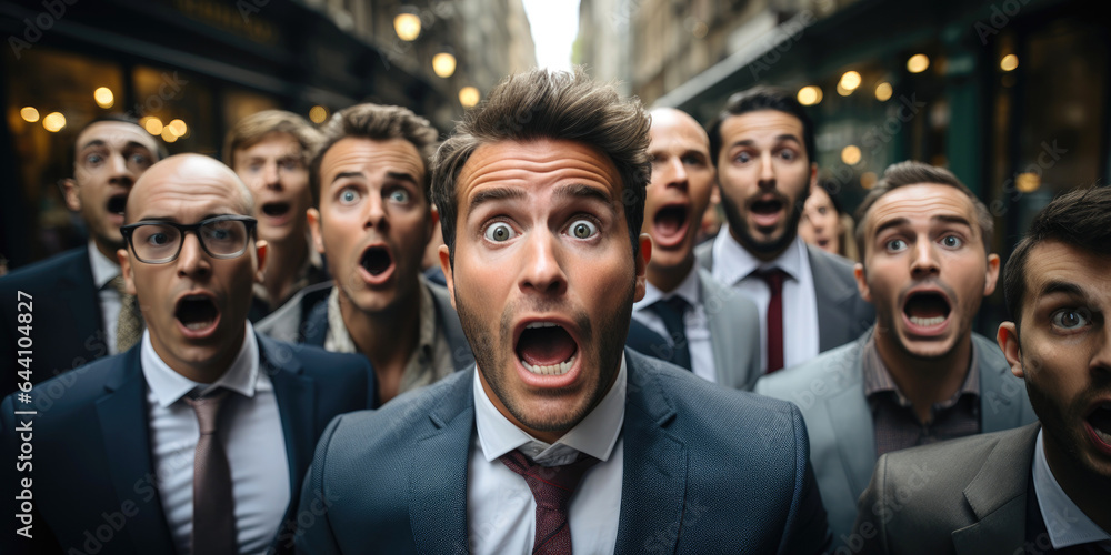 Group of businessmen have just see something they've never heard before and opened their mouths. Generative AI Group of businessmen have just see something they've never heard before and opened their mouths. Generative AI