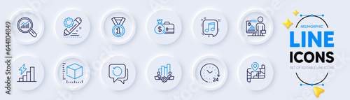 24 hours, Teamwork chart and Recovery data line icons for web app. Pack of Package size, Data analysis, Salary pictogram icons. Best rank, Musical note, Project edit signs. Map, Teacher. Vector