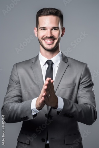 studio shot of a young businessman gesturing for a handshake against a grey background