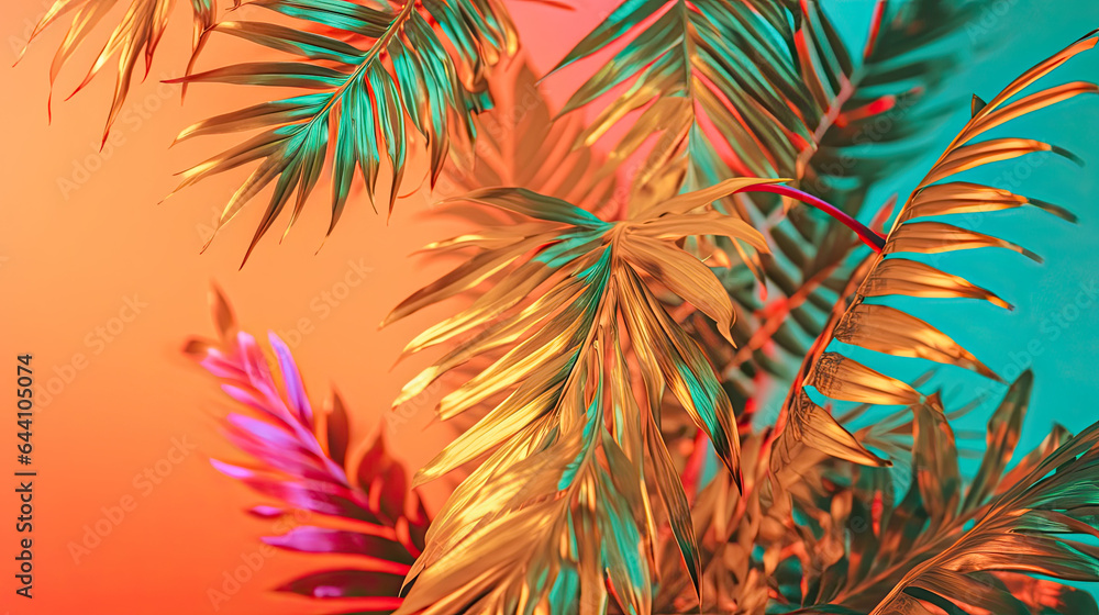 Fototapeta premium Tropical Palm Leaves in Warm Sunset,Warm Yellow-Green Palm Leaves