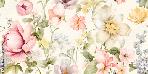 Modern Vintage floral seamless pattern on light background. contemporary Vector illustration. illustration of flowers, daffodil, narcissus, tulip, frame, wild flowers, plants and leaves.