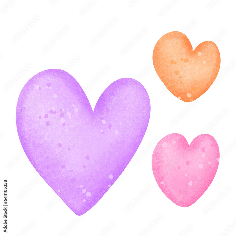 Purple orange pink hearts, watercolor 