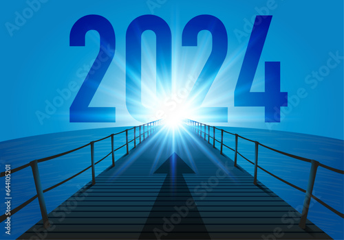 L’année 2024 avec l’objectif à atteindre pour l’avenir d’une entreprise, avec le symbole d’un ponton traversant l’océan en direction du soleil qui brille à l’horizon.