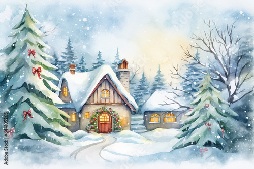Watercolor winter landscape Illustration . Christmas village houses with snow spruce forest. © fadzeyeva